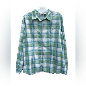 LL Bean Top Women XL Button Down Shirt Plaid 100% Cotton Roll Tab Sleeve Preppy